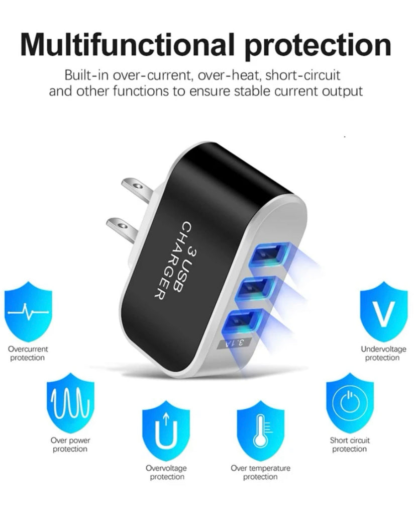 USB Wall Charger Plug Cube 3 Port