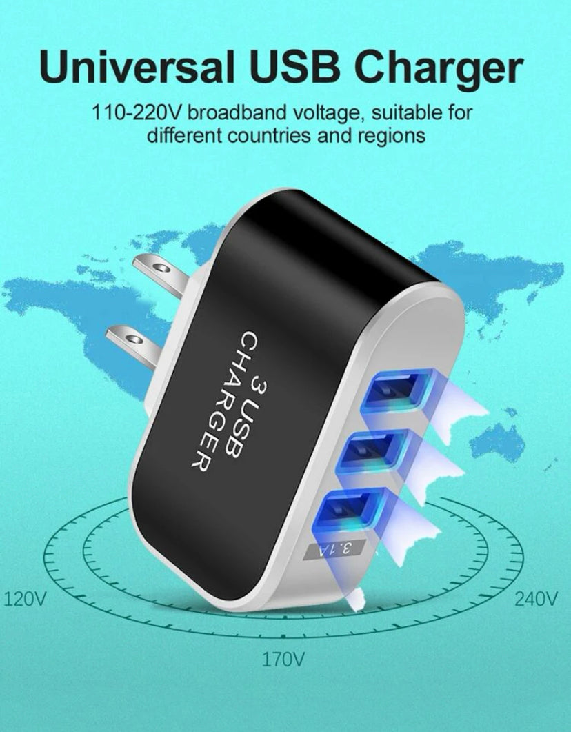 USB Wall Charger Plug Cube 3 Port