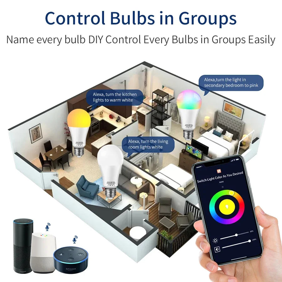 Tuya Smart Wifi LED Light Bulbs 220V 110V 10W 15W 20W E27 Alexa LED Lamp RGB Smart Life APP Google Assisatnt Voice Control